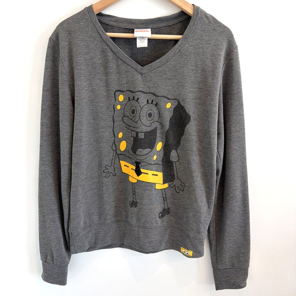 SpongeBob SquarePants Nickelodeon Sweatshirt V-Neck Graphic Womens M Gray Sparkl